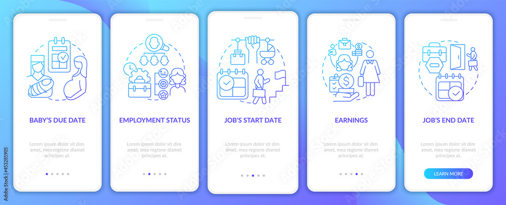 Calculate maternity pay blue gradient onboarding mobile app page screen. Walkthrough 5 steps graphic instructions with concepts. UI, UX, GUI vector template with linear color illustrations