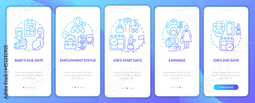 Calculate maternity pay blue gradient onboarding mobile app page screen. Walkthrough 5 steps graphic instructions with concepts. UI, UX, GUI vector template with linear color illustrations