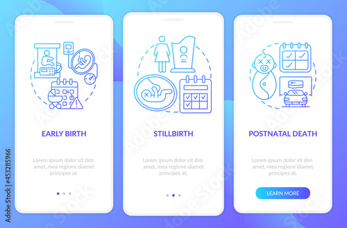 Maternity leave entitlement cases blue gradient onboarding mobile app page screen. Walkthrough 3 steps graphic instructions with concepts. UI, UX, GUI vector template with linear color illustrations