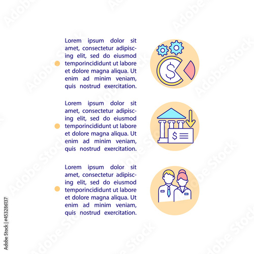 Transferring unspent funds concept line icons with text. CSR account. PPT page vector template with copy space. Brochure, magazine, newsletter design element. Linear illustrations on white photo