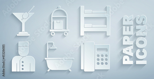 Set Bathtub with shower, Hotel room bed, Concierge, Telephone handset, Suitcase and Martini glass icon. Vector