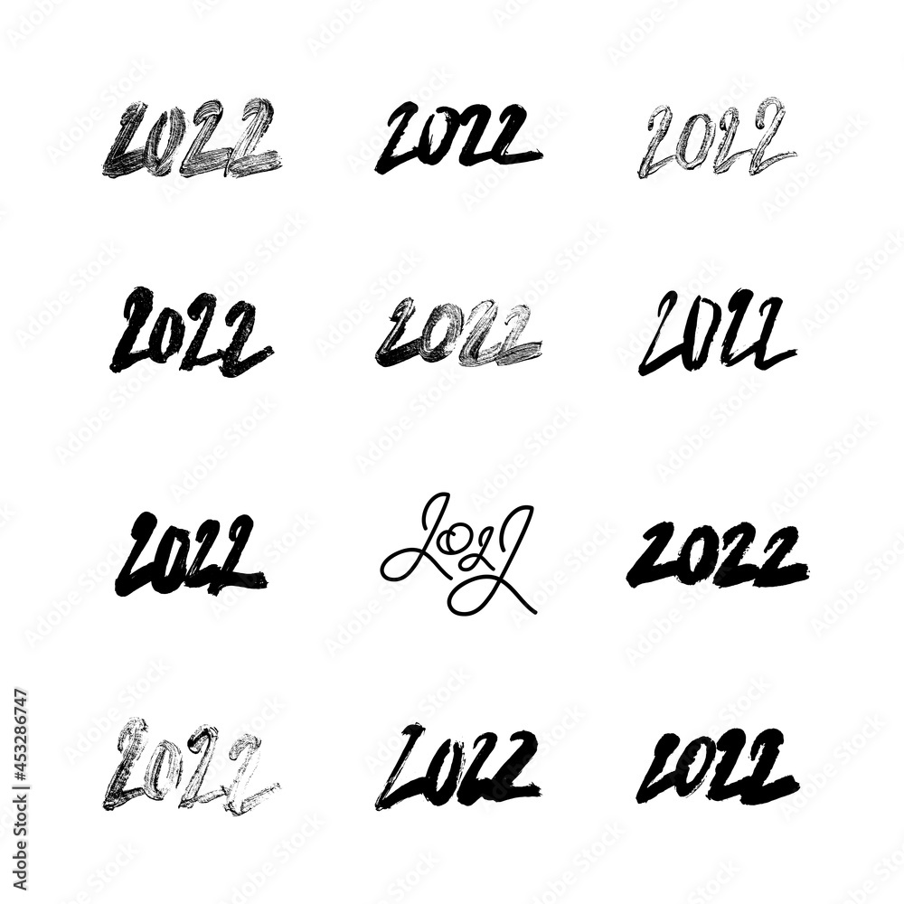 Set of vector lettering number 2022. Black textured brush strokes on white background. Unique lettering.