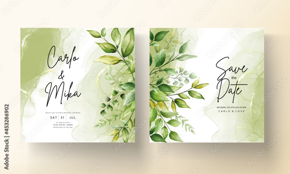 Wedding invitation Card template with beautiful greenery leaves in alcohol ink background