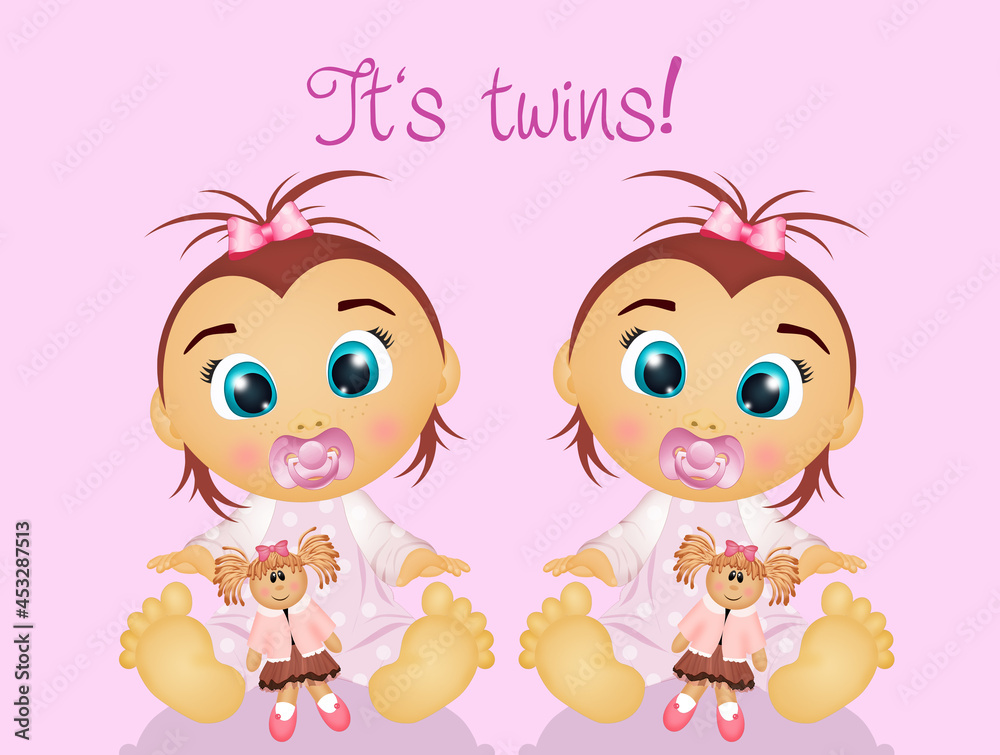illustration of twins sisters with teddy bear illustration of twins sisters with teddy bear