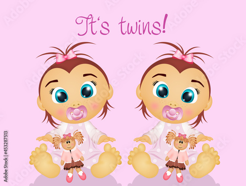 illustration of twins sisters with teddy bear