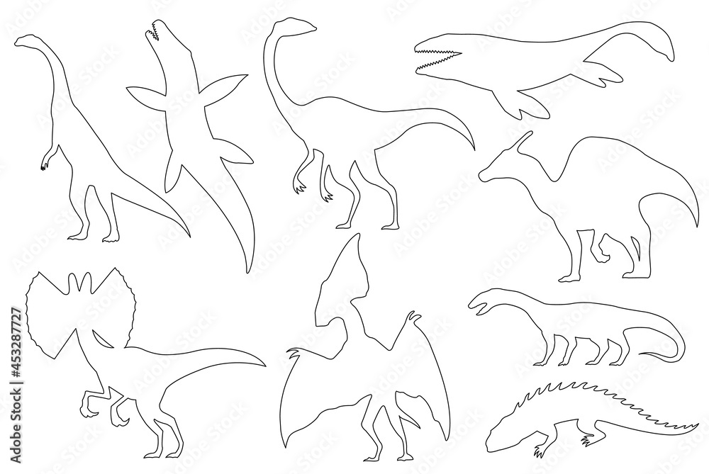Dinosaur silhouettes set. Coloring dino monsters icons. Prehistoric reptile monsters ...
