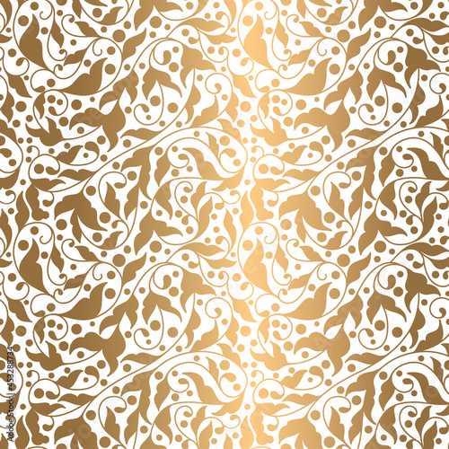 Gold and white leaves seamless pattern. Abstract vector ornament template. Paisley elements. Great for fabric, invitation, background, wallpaper, decoration, packaging or any desired idea.
