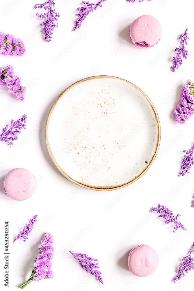 lady morning with macaroons and mauve flowers white background top view mockup lady morning with macaroons and mauve flowers white background top view mockup