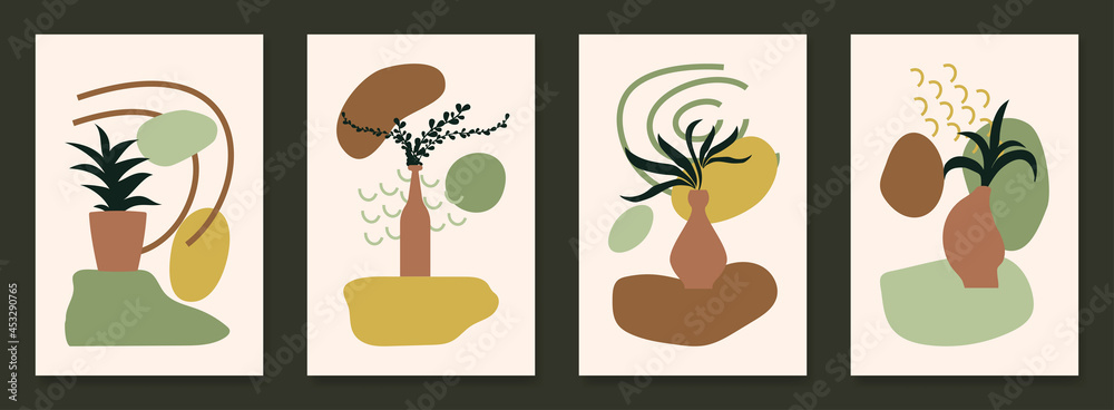 Set of 4 modern abstract aesthetic posters with plants and flowers vector illustration