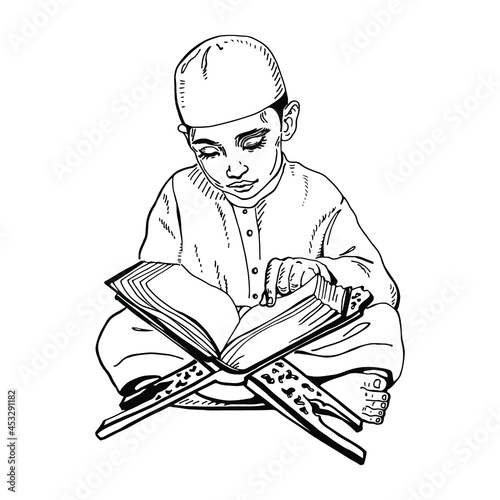 Muslim boy reading Koran. Sketching vector religion illustration.