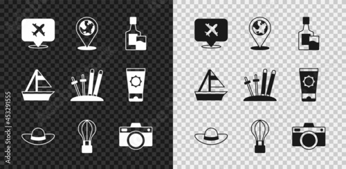 Set Speech bubble with airplane, Location on the globe, Whiskey bottle and glass, Elegant women hat, Hot balloon, Photo camera, Yacht sailboat and Ski sticks icon. Vector