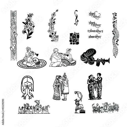 set of Indian Wedding Elements Clipart uses for Invitation Card, Banner, Album and Social Post with Isolated Background