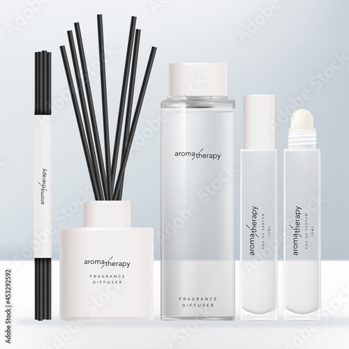 Vector Clear Glass or Plastic Tall Screw Cap Bottle, Opaque White Diffuser, Roll-on Fragrance Bottle and Charcoal Reed Aromatic Home Diffuser Set.