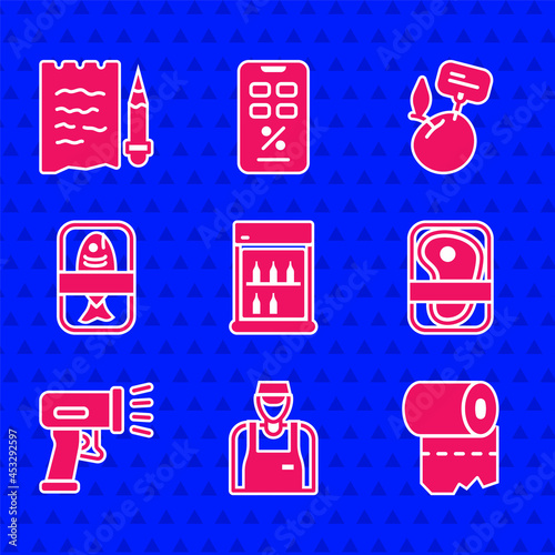 Set Commercial refrigerator, Meat packaging steak, Scanner scanning bar code, Fish plastic tray container, Supermarket food products with price label and Shopping list and pencil icon. Vector
