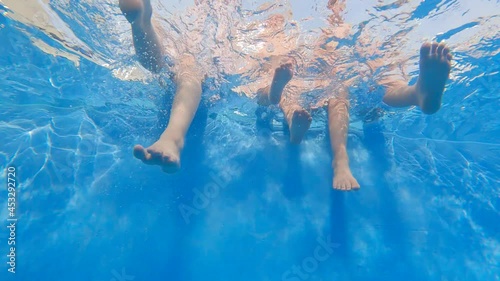 Slow motion of three kids with their legs put into the water of a swimming pool and having fun - 29.97fps