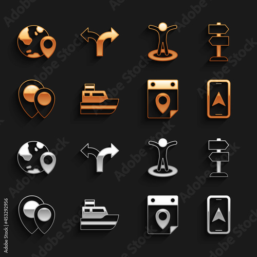 Set Ship line path, Road traffic sign, City map navigation, Travel planning calendar, Location, with person, the globe and icon. Vector