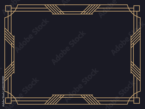 Art deco frame. Vintage linear border. Design a template for invitations, leaflets and greeting cards. Geometric golden frame. The style of the 1920s - 1930s. Vector illustration