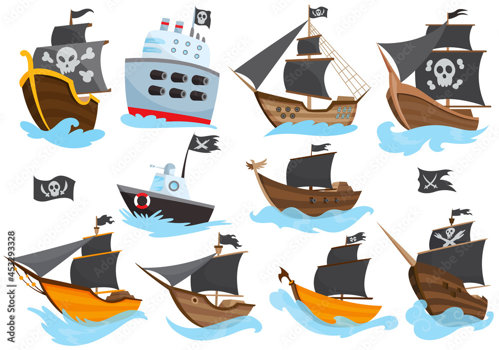 Set of various types stylized cartoon pirate ships illustration with black sails. Galleons with image Jolly Roger. Cute  drawing. Collection of pirate ships sailing on water