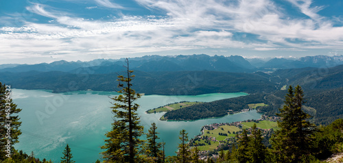 Lake in the mountains. Panoramic Aerial view of Bavarian village Walchensee with Lake Walchensee in the European Peralps , Karwendel Mountains. Bavaria, Germany, Europe © ImageSine