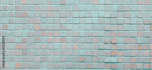 Blue mosaic. Ceramic mosaic texture. Small stone tiles. Horizontal square abstract background.