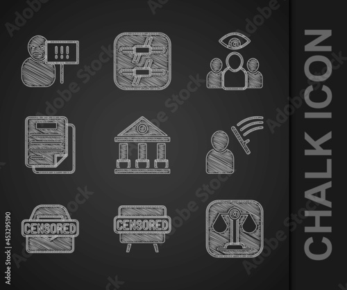 Set Courthouse building, Censored stamp, Scales of justice, Police beat human, Document, Spy, agent and Protest icon. Vector