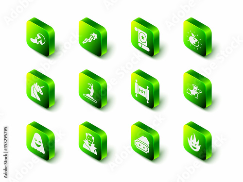 Set Magic staff, scroll, Poison apple, Hermes sandal, Fire flame, Ticket and Vampire icon. Vector