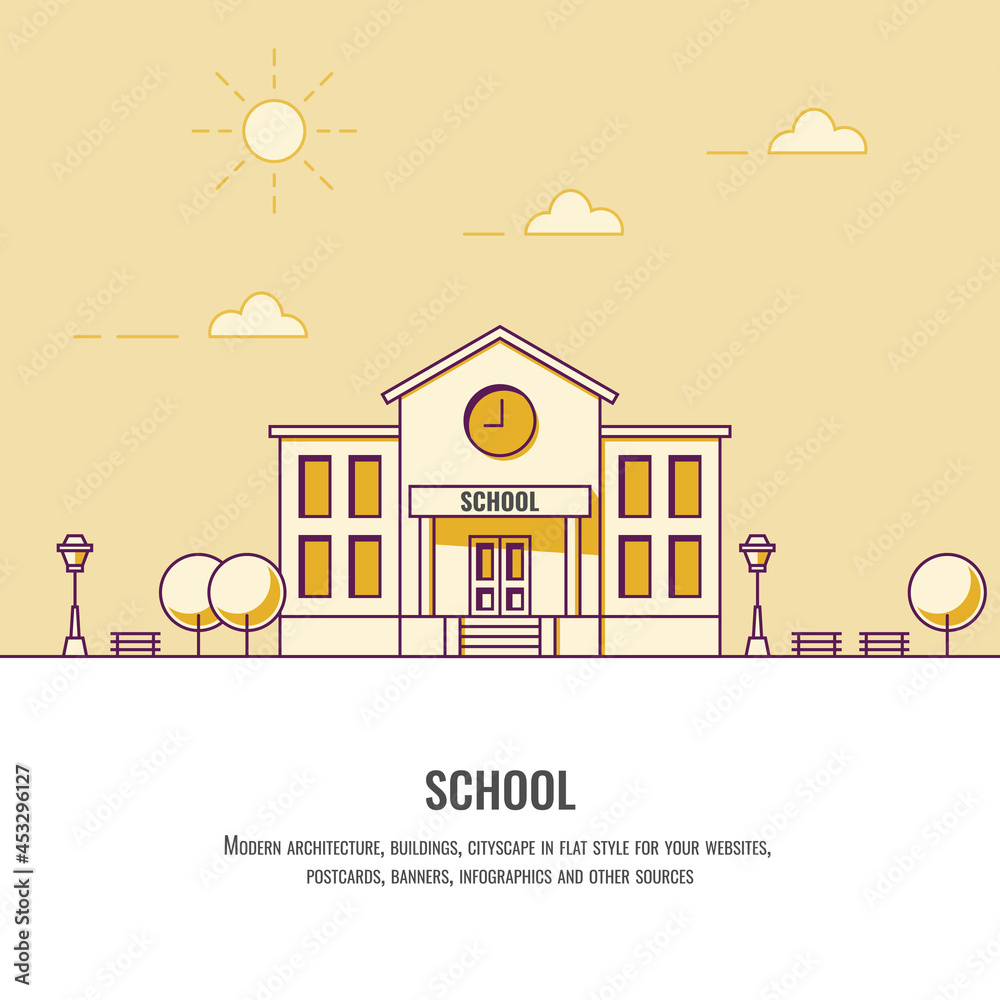 City landscape. Shool. Cityscape. Real estate concept. Education. Yellow flat illustration. Back to shool. Line style. Flat vector illustration. Ecology. eps10. Street light. Trees.