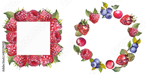 Watercolor frames of raspberries, strawberries, blueberries and cherries. Illustration isolated on white background.