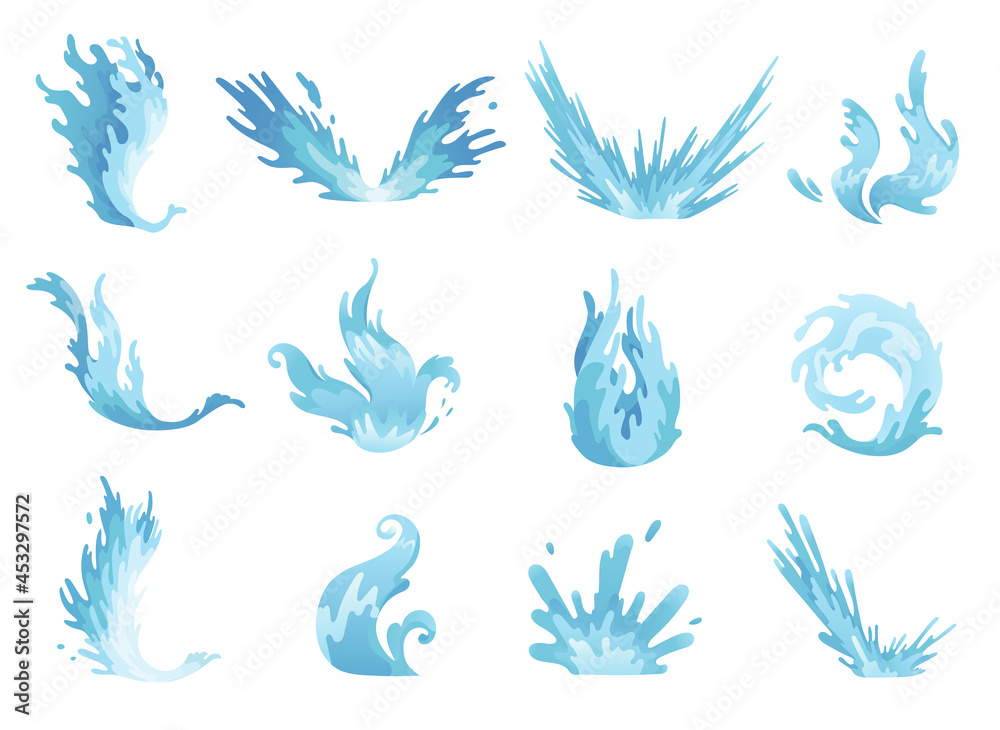 Fototapeta premium Water splash. Blue water waves set, wavy liquid symbols of nature in motion. Isolated design elements
