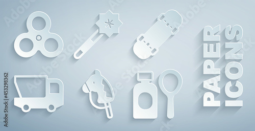 Set Toy horse, Skateboard, truck, Soap bubbles bottle, Magic wand and Fidget spinner icon. Vector