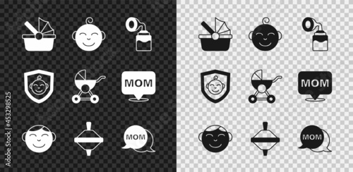 Set Baby stroller, Little boy head, Breast pump, Whirligig toy, Speech bubble mom, on shield and icon. Vector