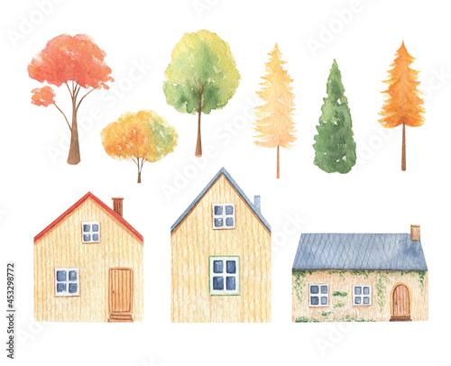 Watercolor autumn trees, cottage, house isolated on white background. Fall landscape. 