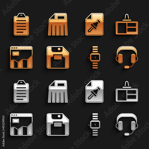 Set Floppy disk, Identification badge, Headphones, Wrist watch, Graph chart infographic, Note paper with push button, To do list or planning and Paper shredder icon. Vector
