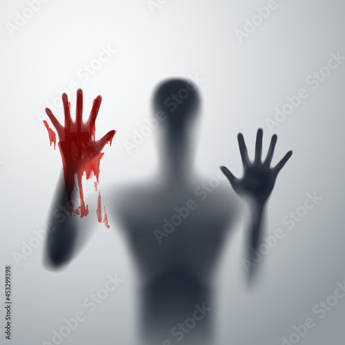 Shadow Blur of Horror Man Behind the Matte Glass. Blurry Hand, Body Figure Abstraction, and Two Palms with Blood. Halloween Background or Criminal Concept