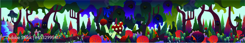 The background is for a mobile game. In a flat design with a gradient. Dark mysterious forest.