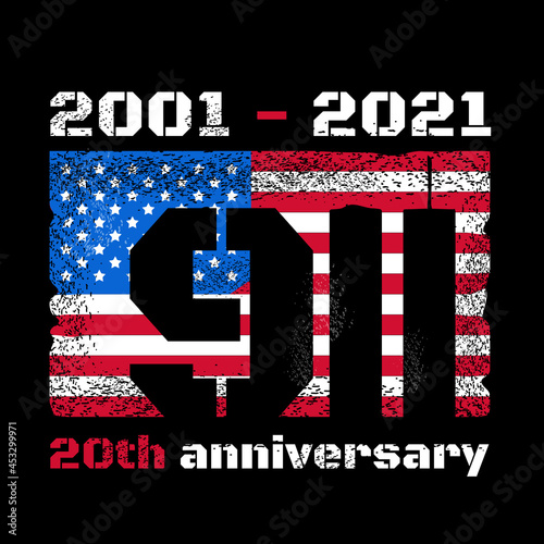 Patriot day design with American flag and New York World Trade Center twin towers skyline. Vector illustration design. Remember 911, 11 september attack concept
