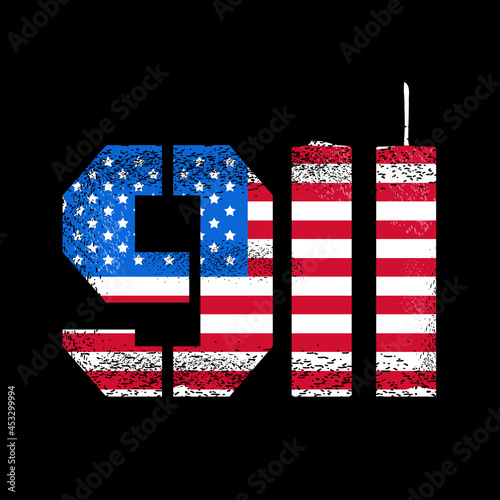 911 Patriot day design with American flag and New York World Trade Center twin towers skyline. Vector illustration design. Remember 911, 11 september attack concept