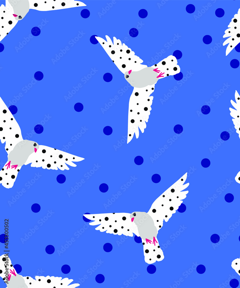 Obraz premium Abstract Hand Drawing Cute Flying Pigeons Seamless Vector Pattern with Polka Dots Background
