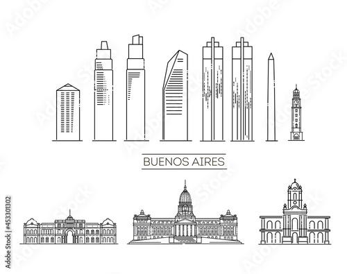 Fototapeta Naklejka Na Ścianę i Meble -  Buenos Aires architecture line skyline illustration. famous landmarks