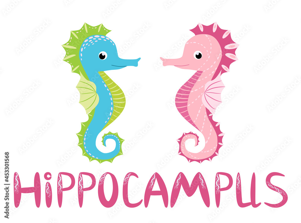 Fototapeta premium Pair of seahorses, scandinavian style hippocampus, hand drawn, pink and turquoise, boy and girl, love and family