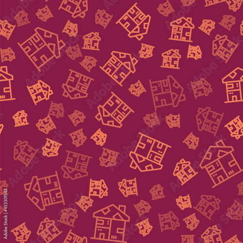 Brown line Homeless cardboard house icon isolated seamless pattern on red background. Vector