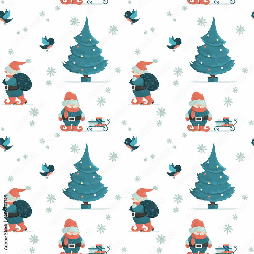 Seamless Christmas pattern with gnomes, Christmas tree and gifts. Cartoon-style illustration.