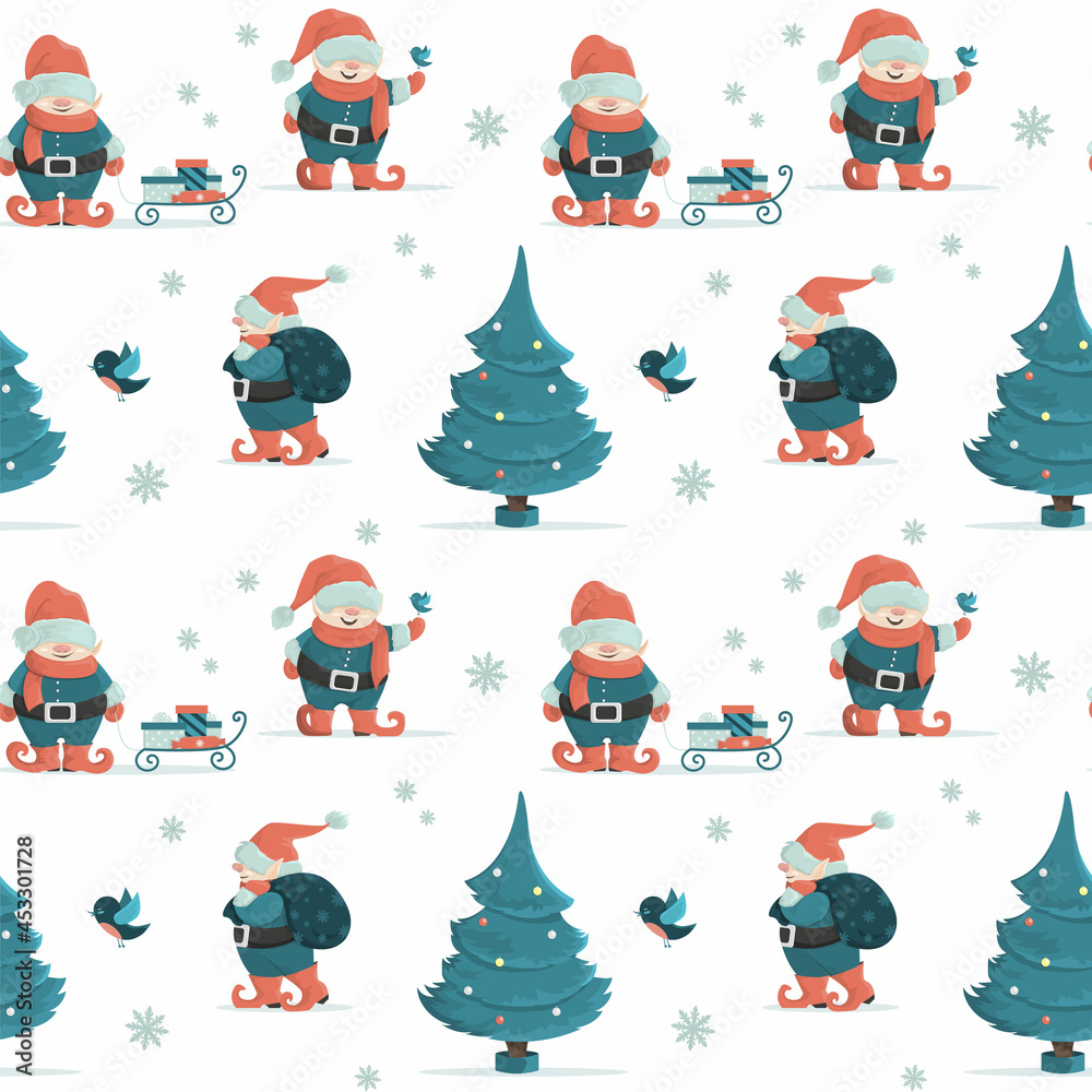 Seamless Christmas pattern with fairy gnomes, Christmas tree and gifts. Cartoon-style illustration.