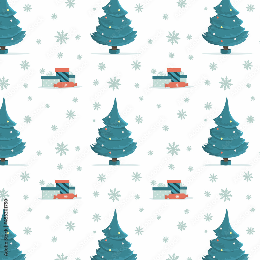 Seamless pattern with Christmas tree and gifts. Background image or print for textiles.