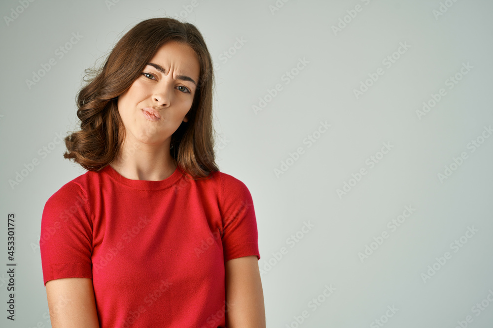 beautiful woman surprised look emotions light background beautiful woman surprised look emotions light background