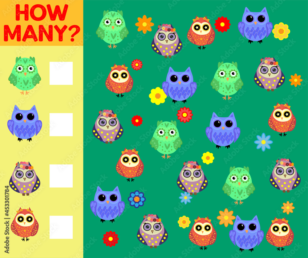 Obraz premium Cartoon Illustration of Educational Counting Activity Game for Children with Bird Characters
