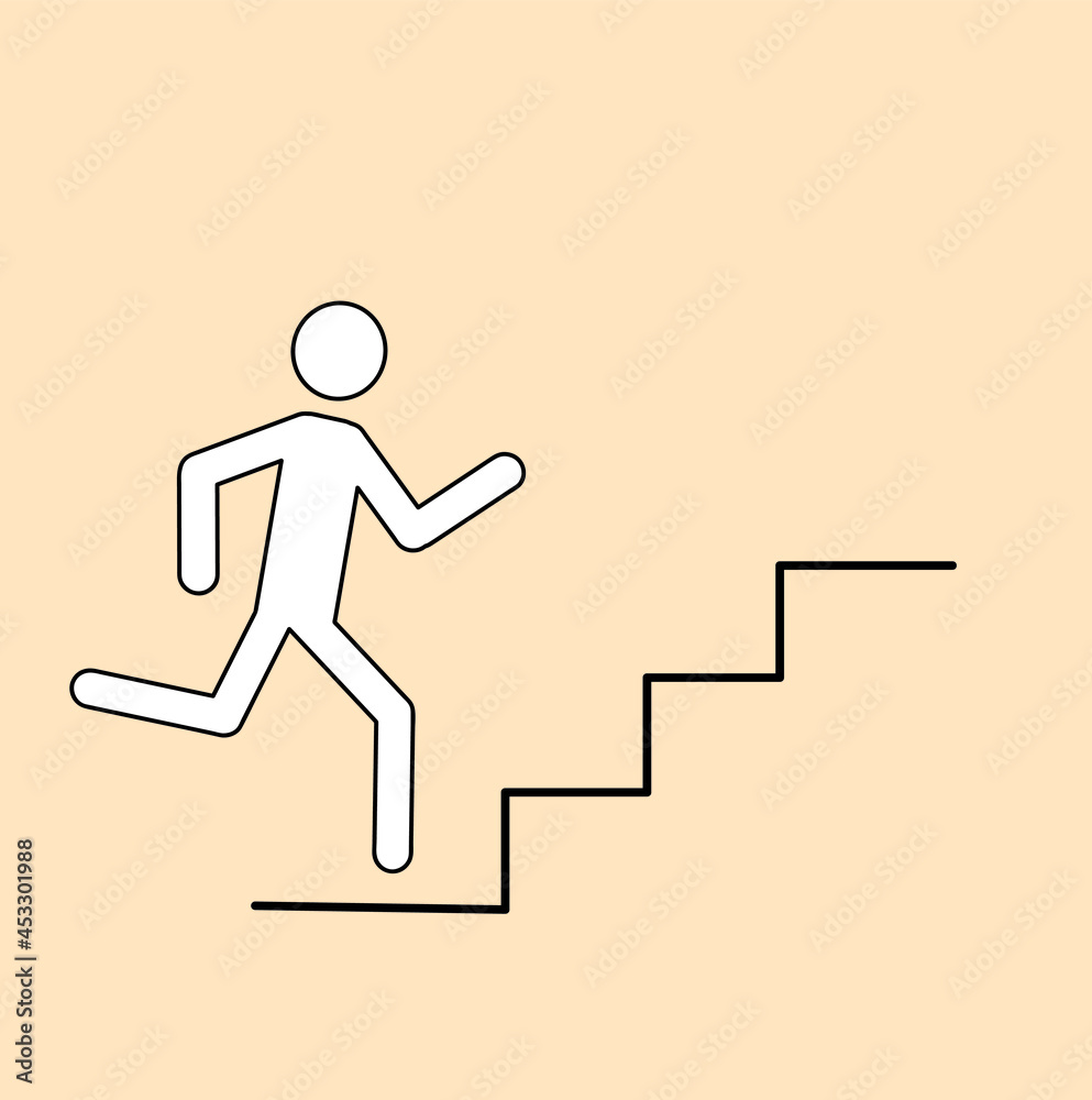 
a man is running up the ladder to success, a businessman isolated on a fashionable beige background, an emergency exit