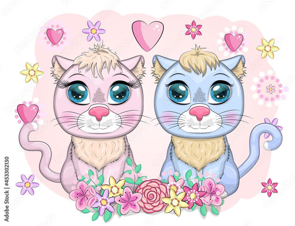 Fototapeta premium Cute cartoon blue and pink cat, kitten on a background of flowers among butterflies
