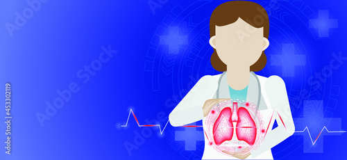 Illustration of doctor with Lung virus.  Covid-19 virus cells in human lungs. Infected Coronavirus 2019-nCov lungs medical concept. Vector illustration.
