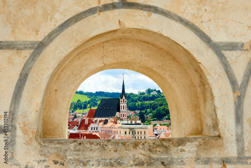 Aerial view over the old Town of Cesky Krumlov, Czech Republic
